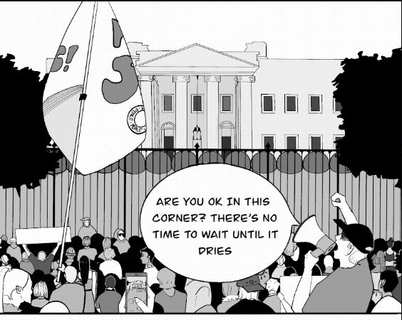 a cartoon of a crowd in front of the white house