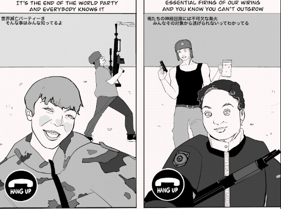 a comic strip with a man holding a gun and a woman holding a gun