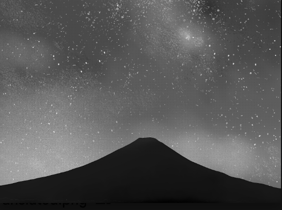 a black and white photo of a mountain with stars above it