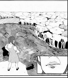 a black and white comic with a girl standing in the middle of a field