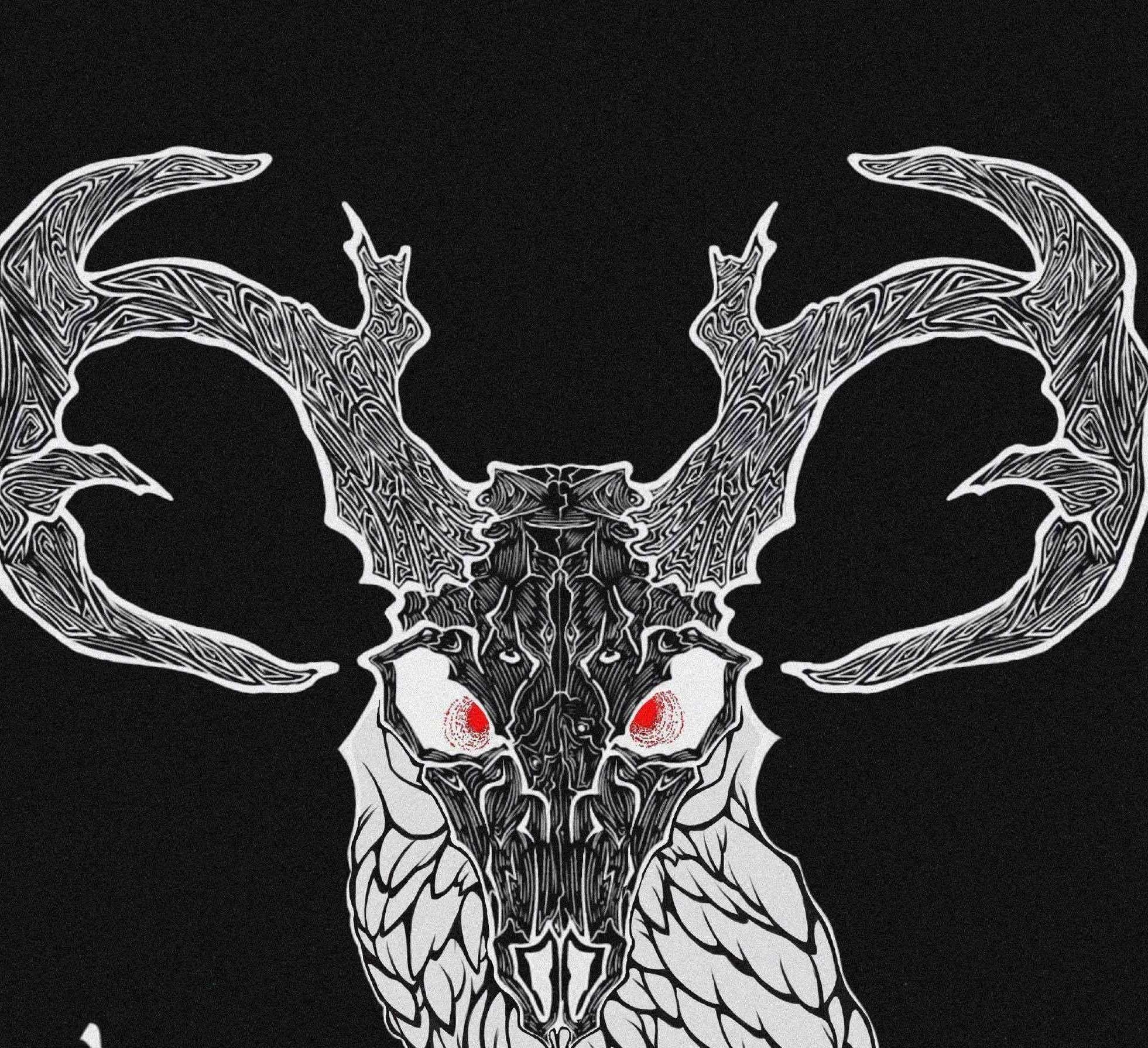 a black and white drawing of a deer with red eyes
