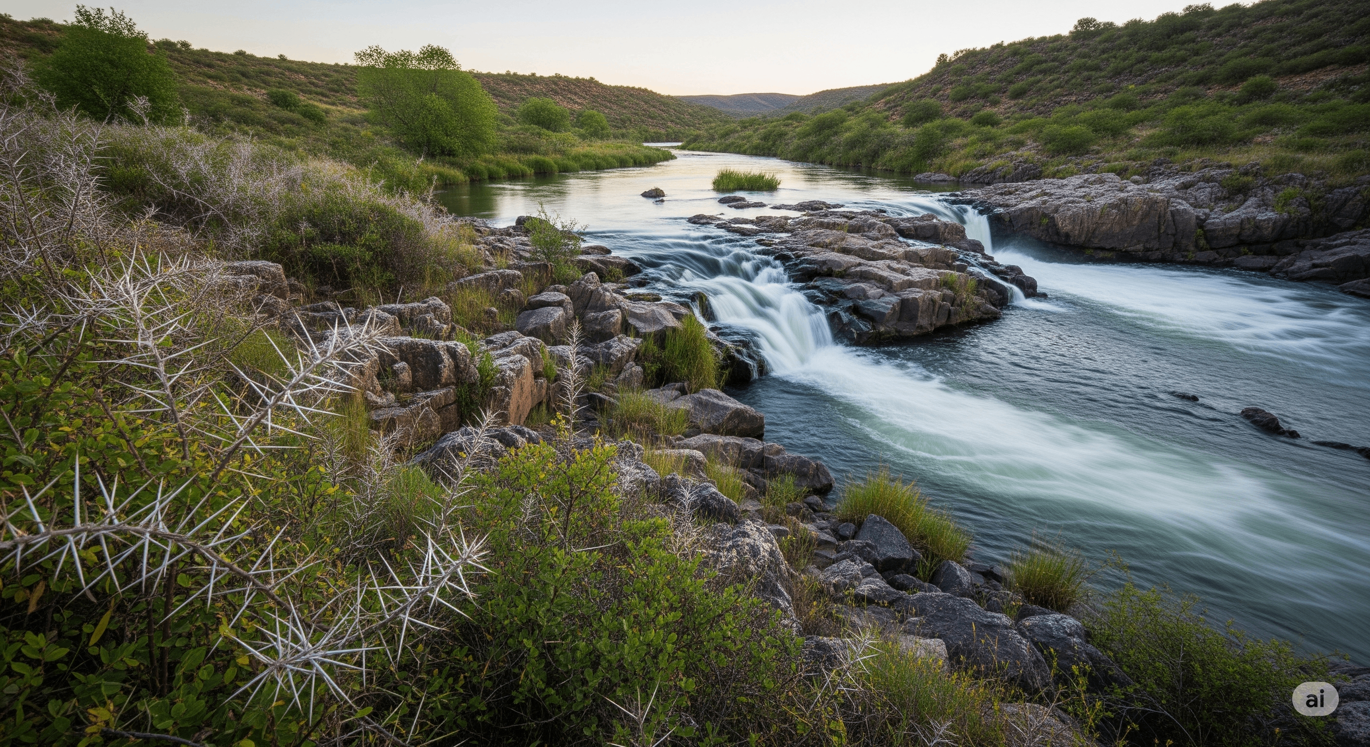 a river flows through a rocky area with bushes and trees