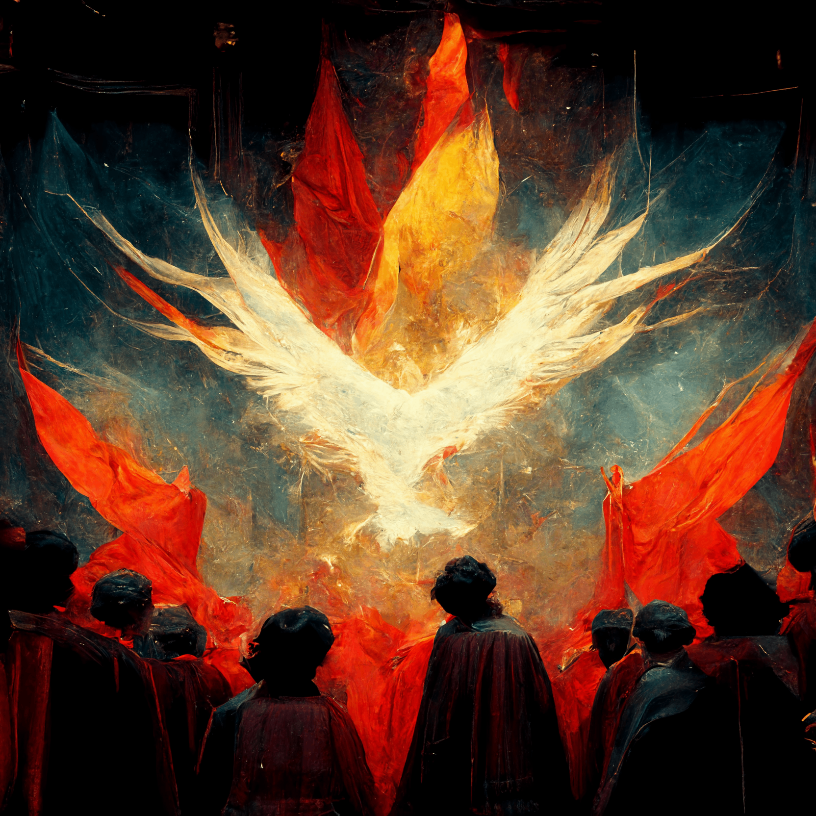 Alex Lorang - The Gift: a painting of a phoenix in front of a group of people