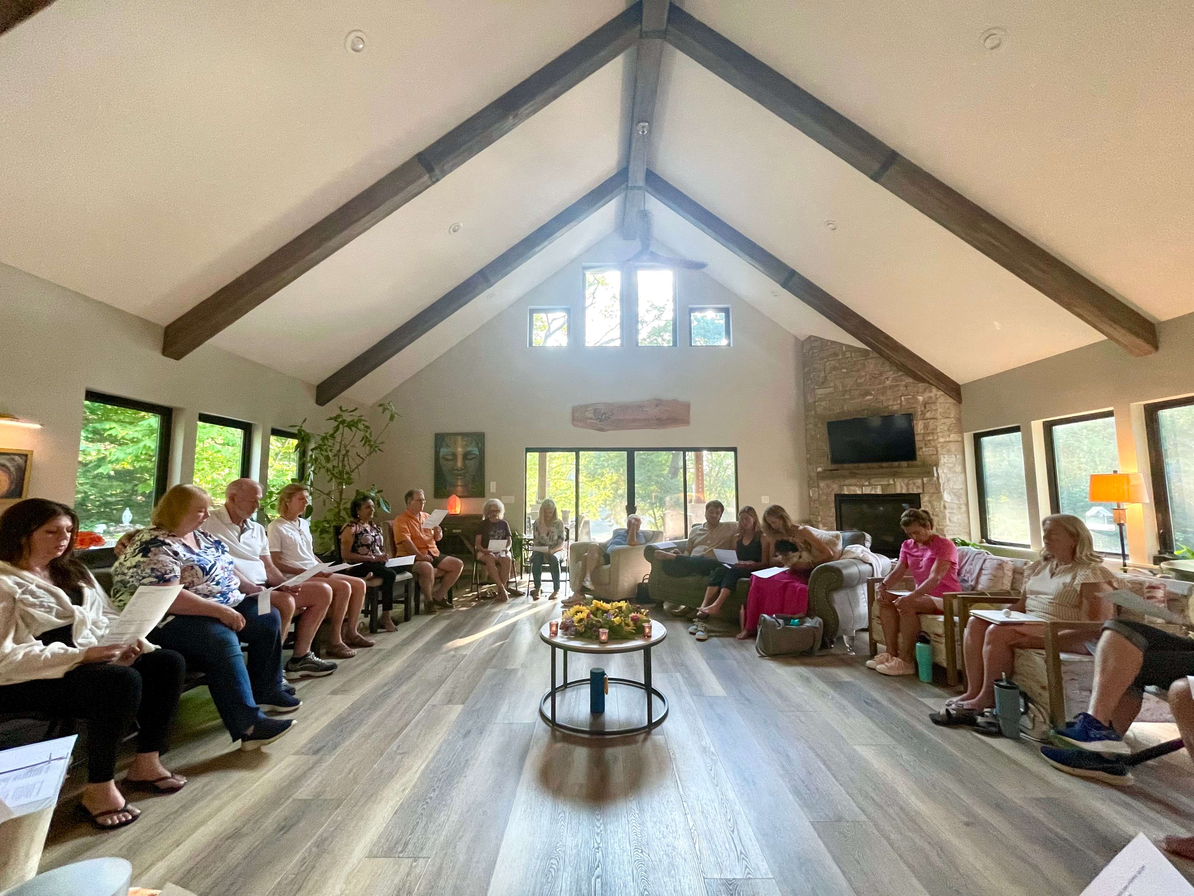 a group of people sitting in a room