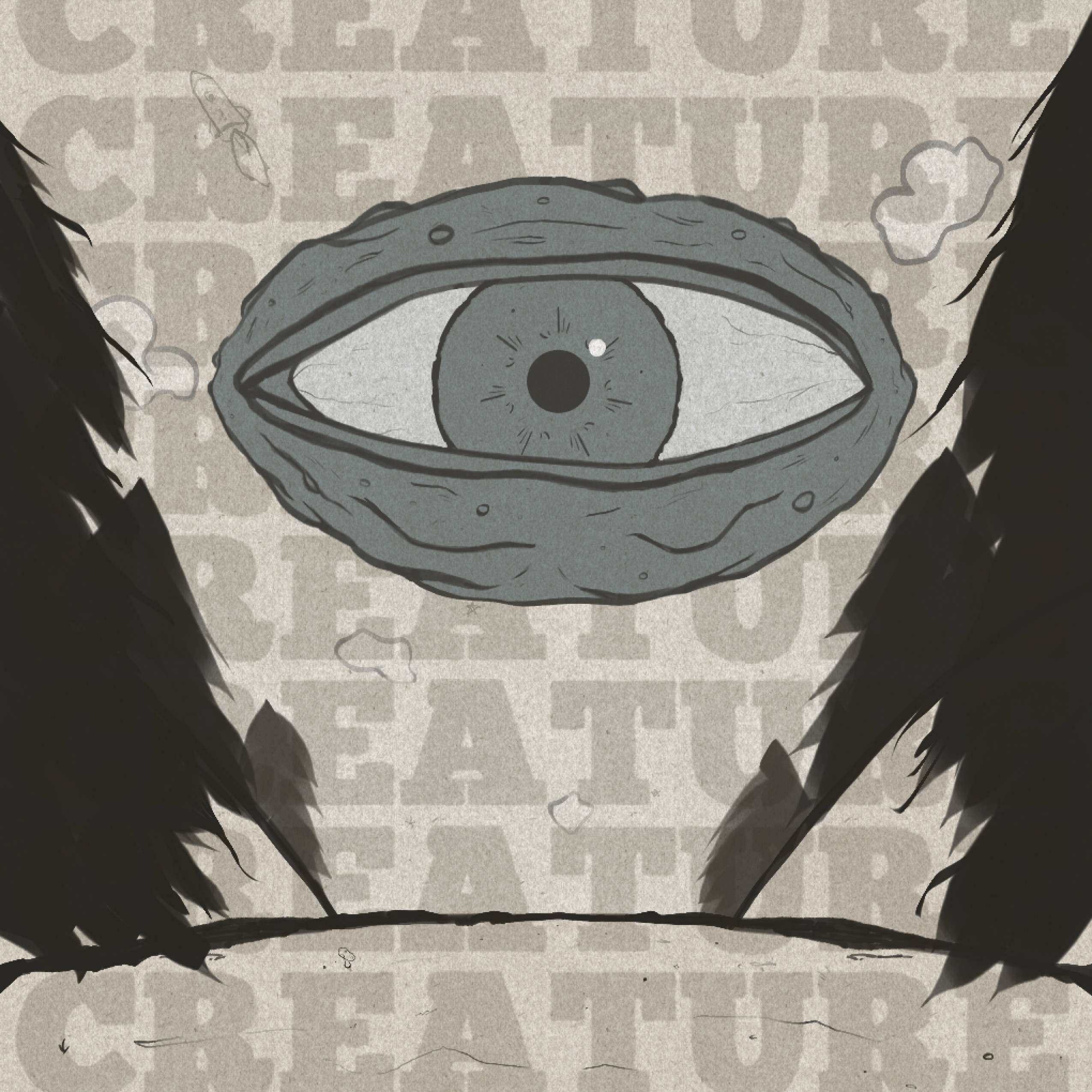 Bandage Hands - Creature: a black and white illustration of an eye in the middle of a forest