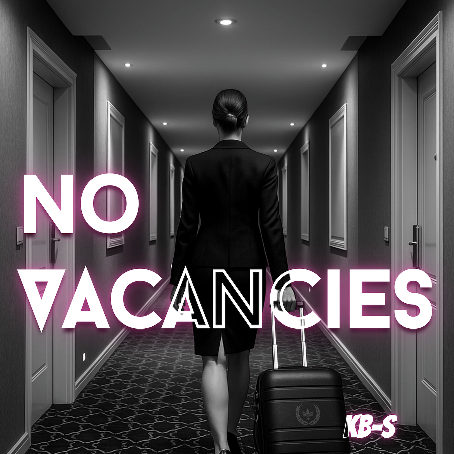 a woman in a suit walking down a hallway with the words no vacancies