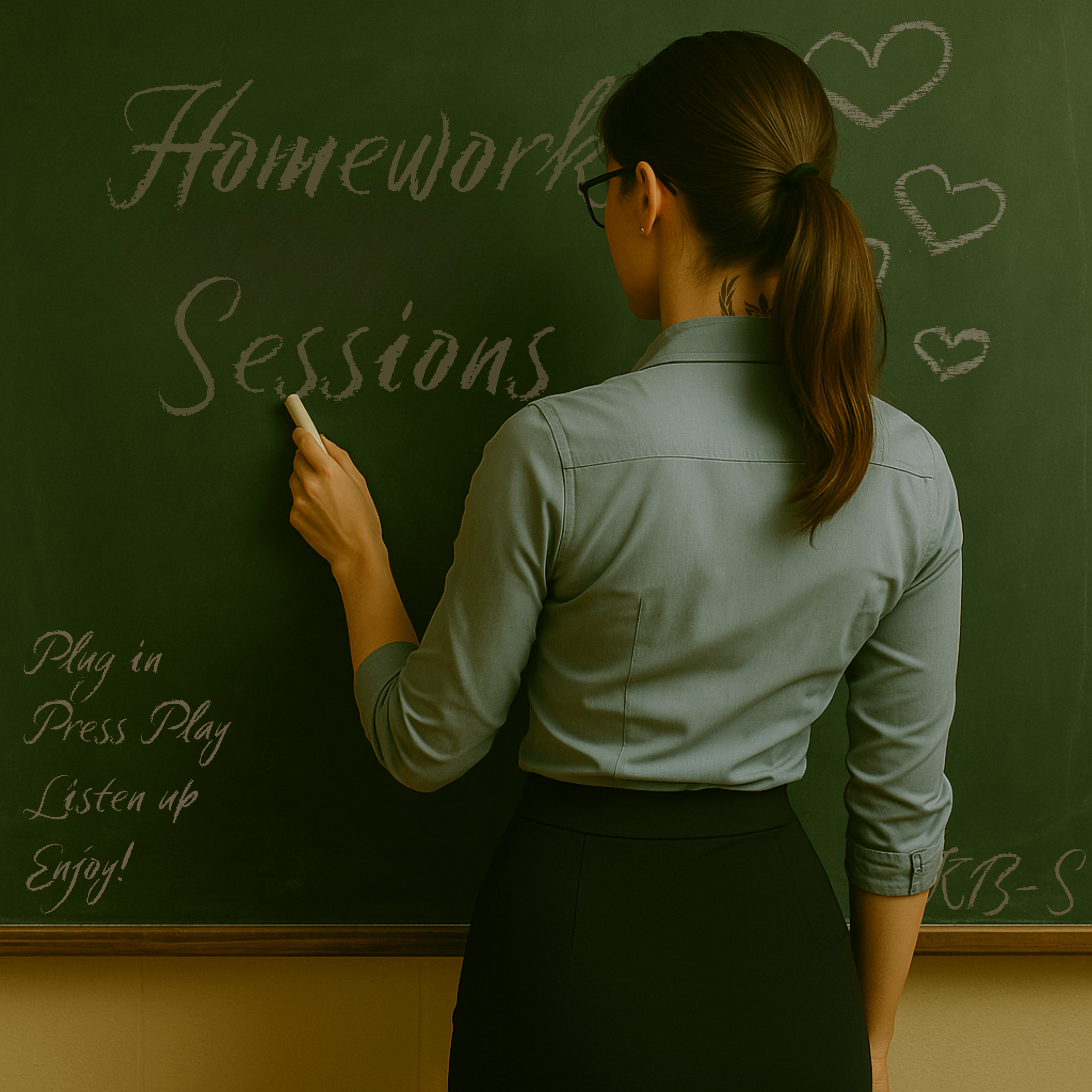 a woman writing on a blackboard