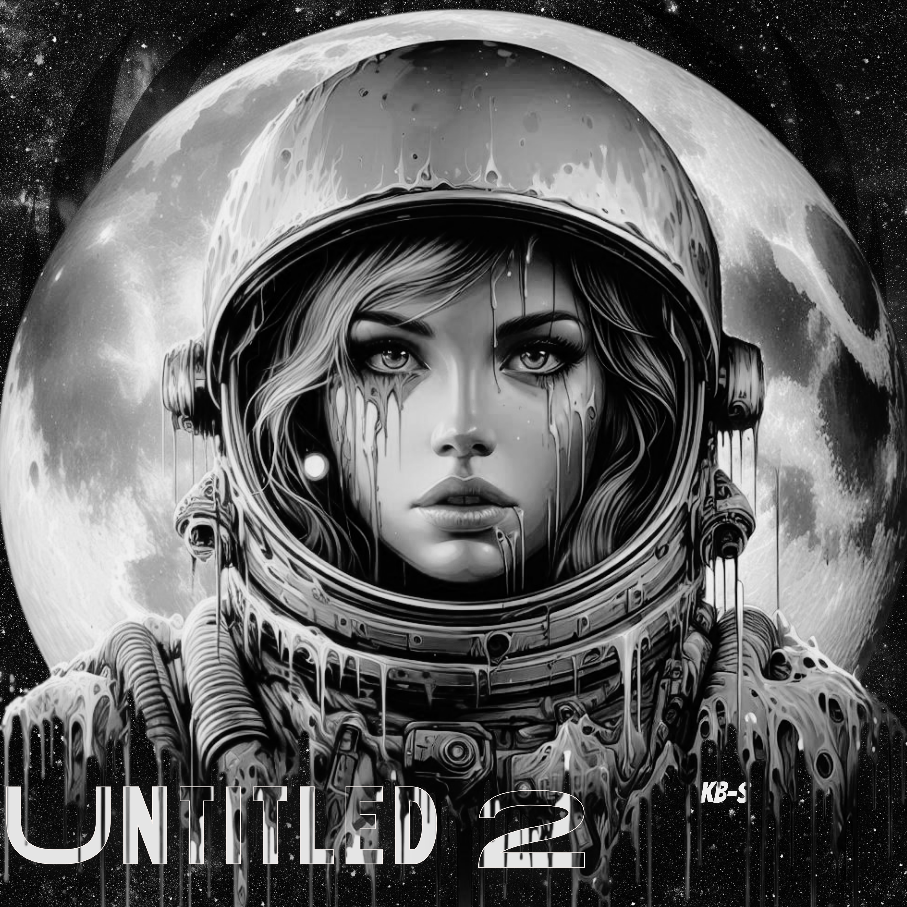 a black and white image of a woman in a space suit