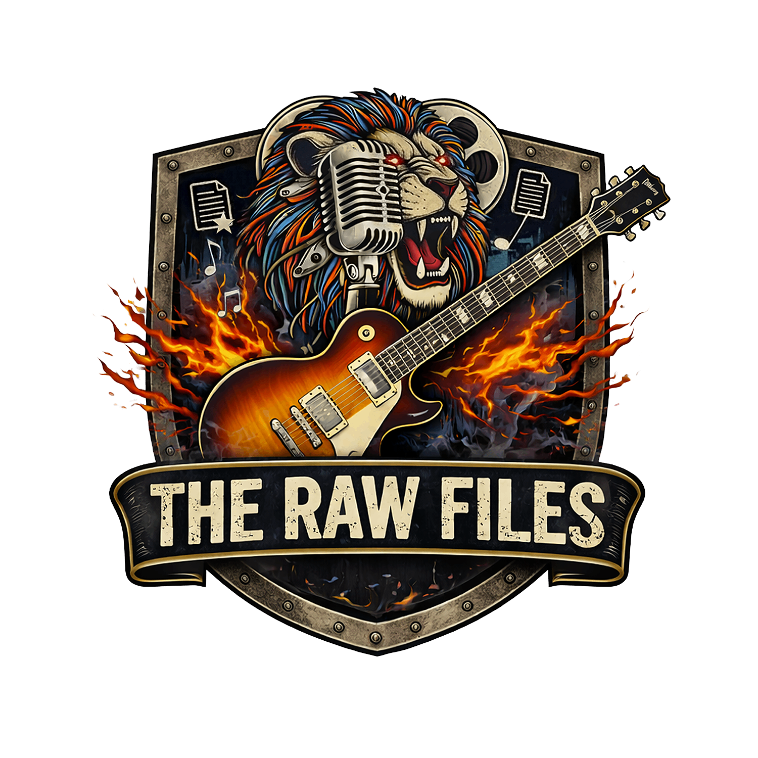 the raw files logo with a guitar and flames