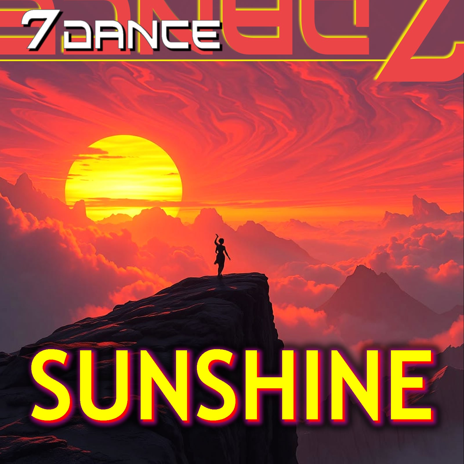 the cover of 7 dance sunshine, with a man standing on top of a mountain