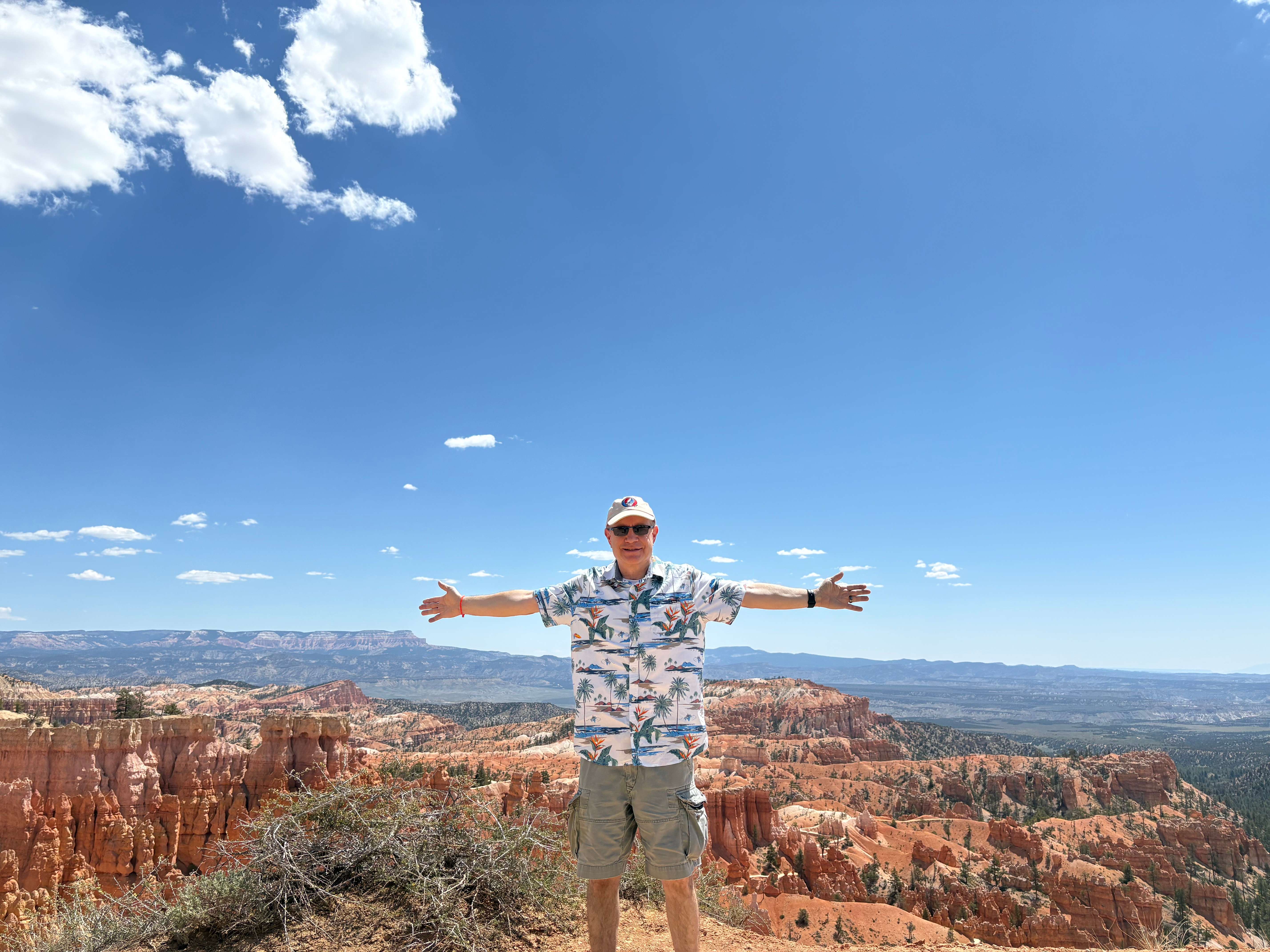 a man standing in front of a canyon with his arms outstretched