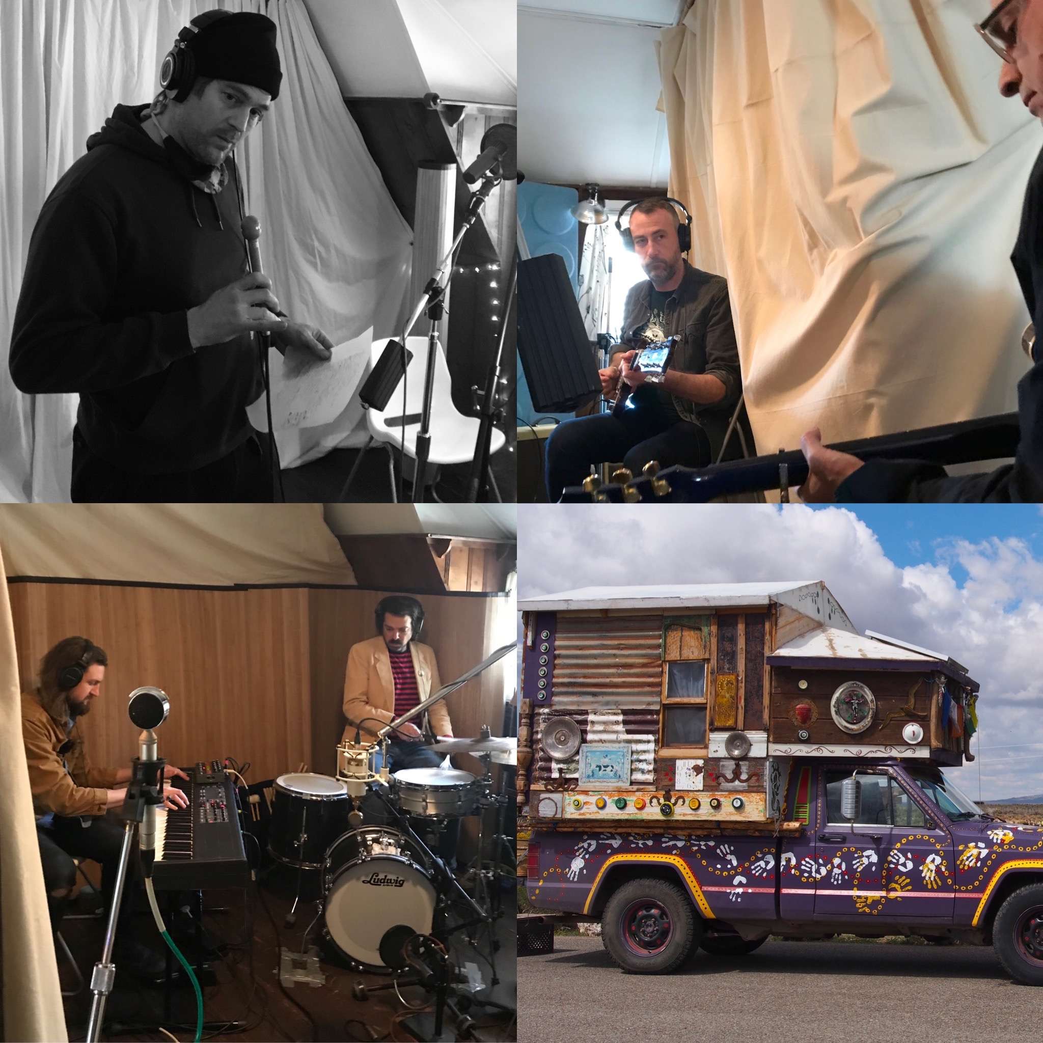 a group of people are playing music in a tent