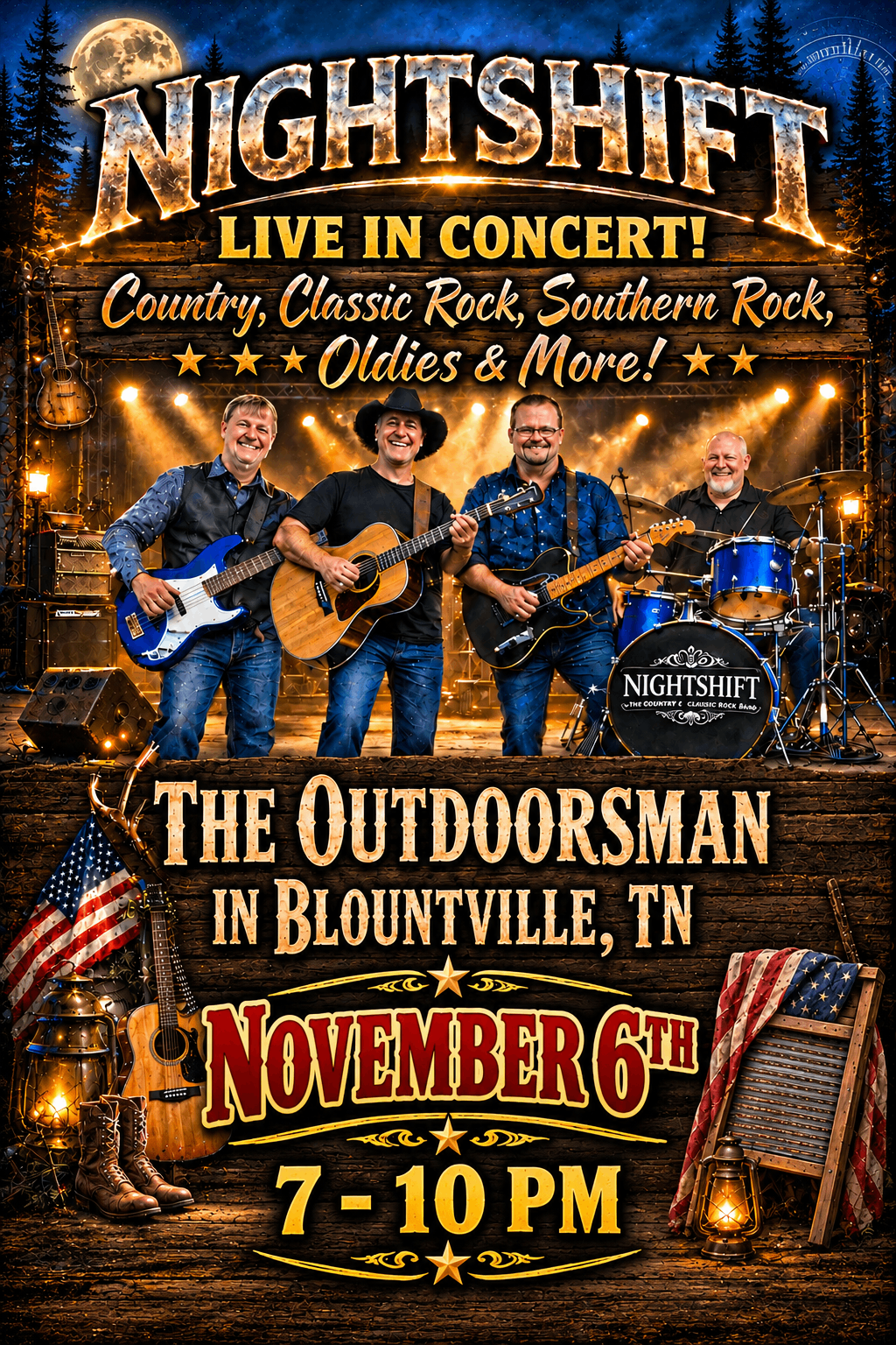 a poster for the nightshift live in concert in blountville, tn