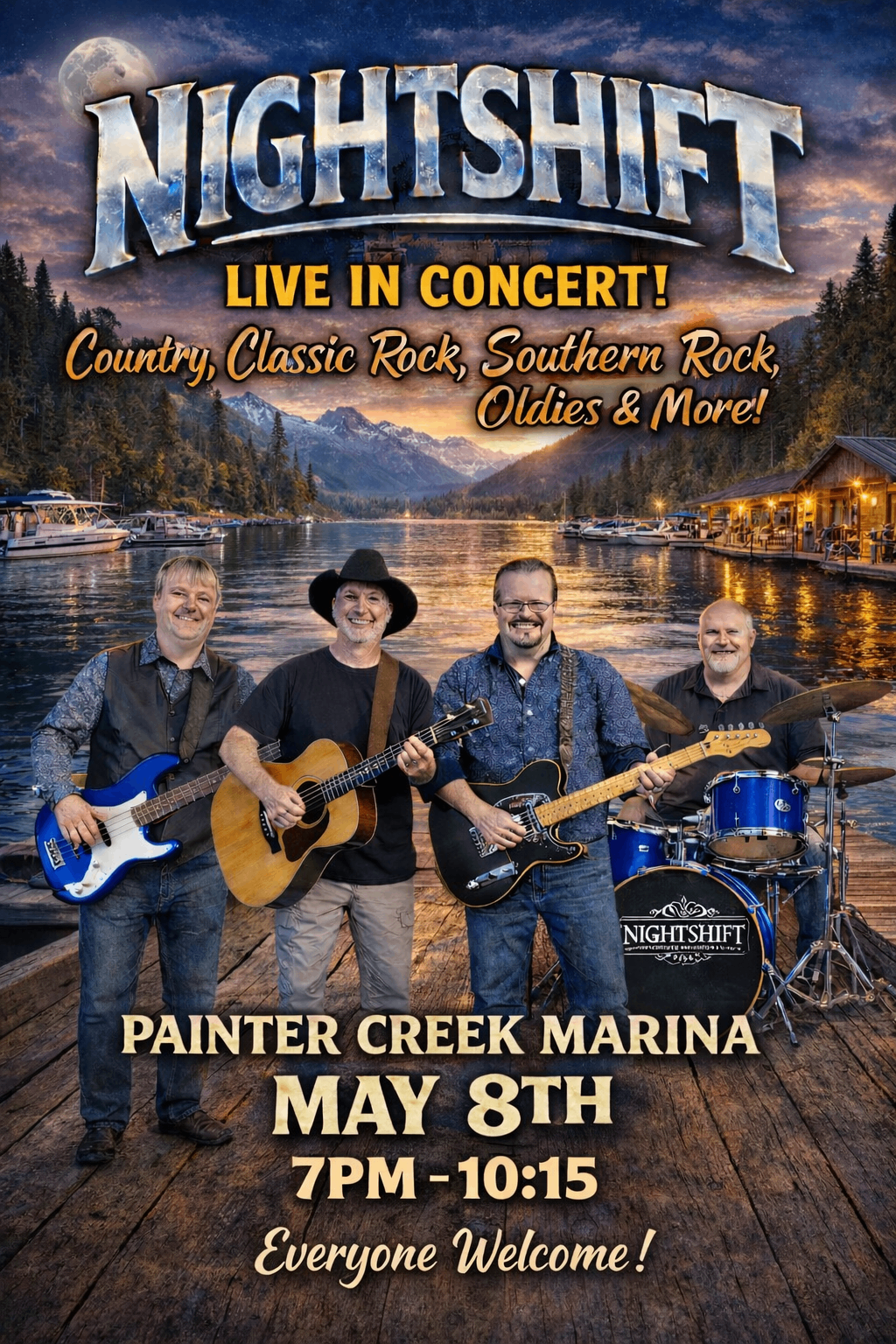 a poster for the nightshift concert at painter creek marina
