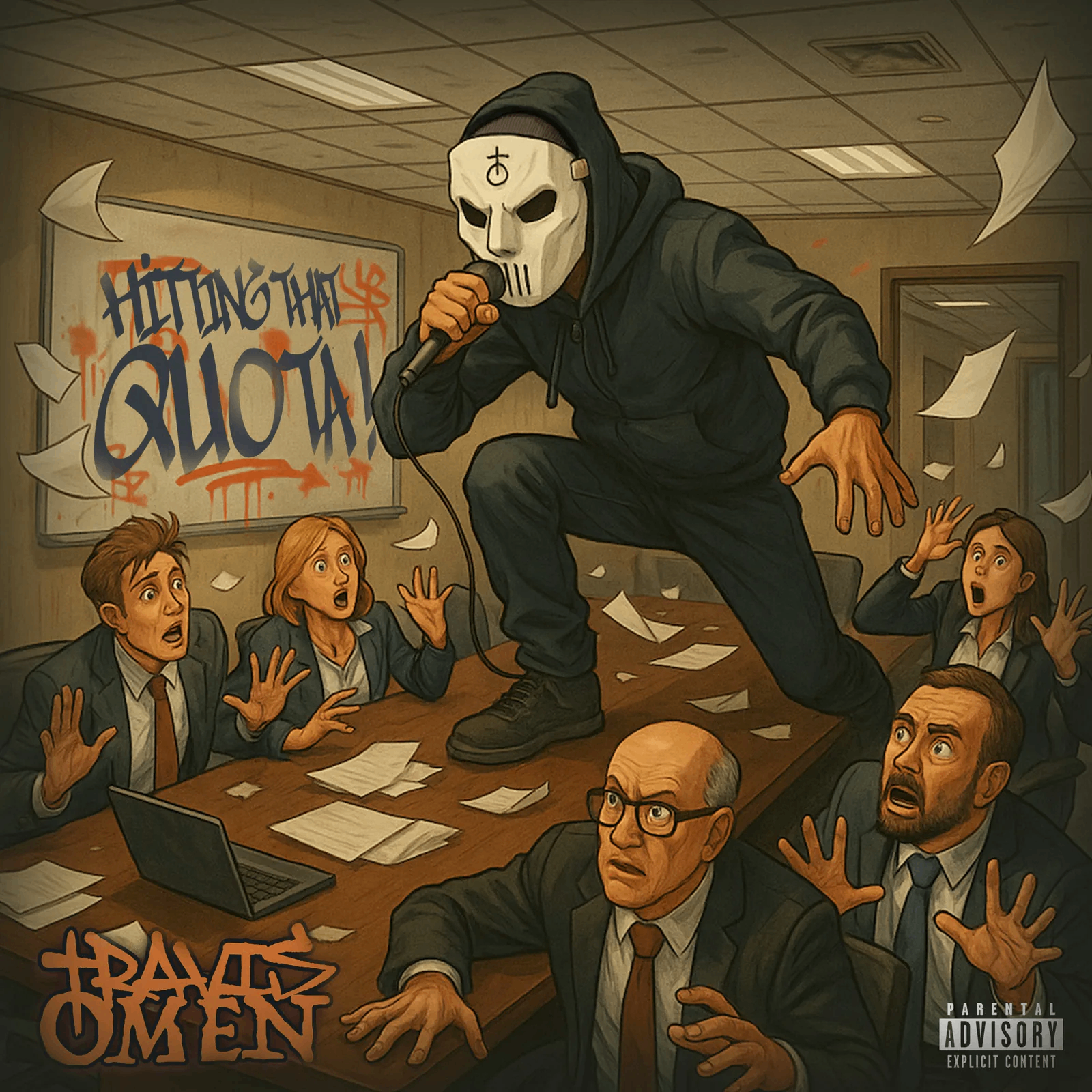 Travis Omen - Hitting That Quota: a man in a mask is standing in front of a group of people