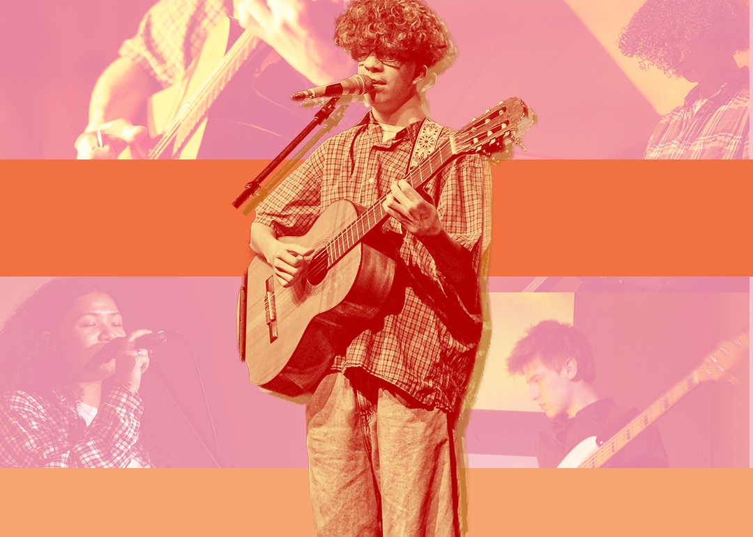 a man with a guitar is standing in front of a pink and orange background