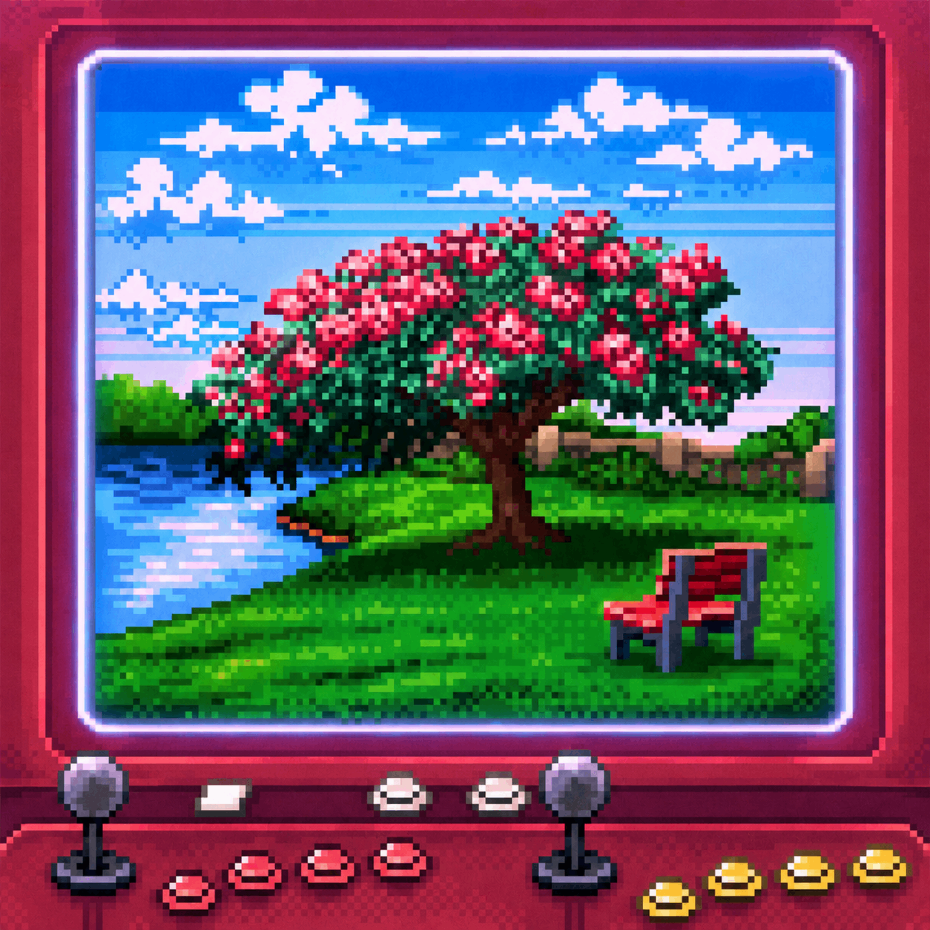 a red console with a picture of a tree and a bench