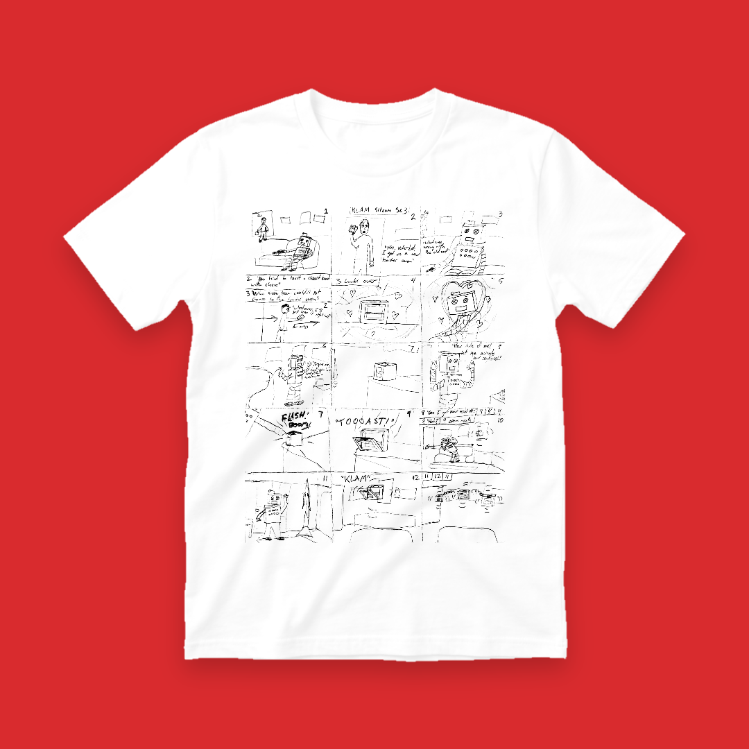 a white t - shirt with drawings on it