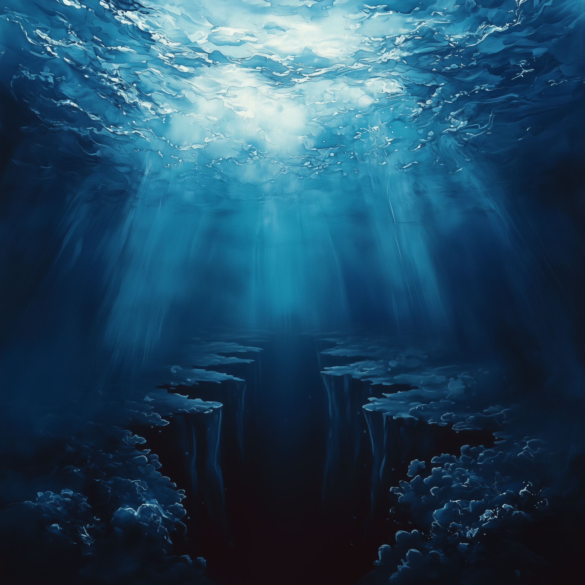 VRTUOSITY - Miroitement sur l'Abîme: an underwater scene with rays of light coming out of the water