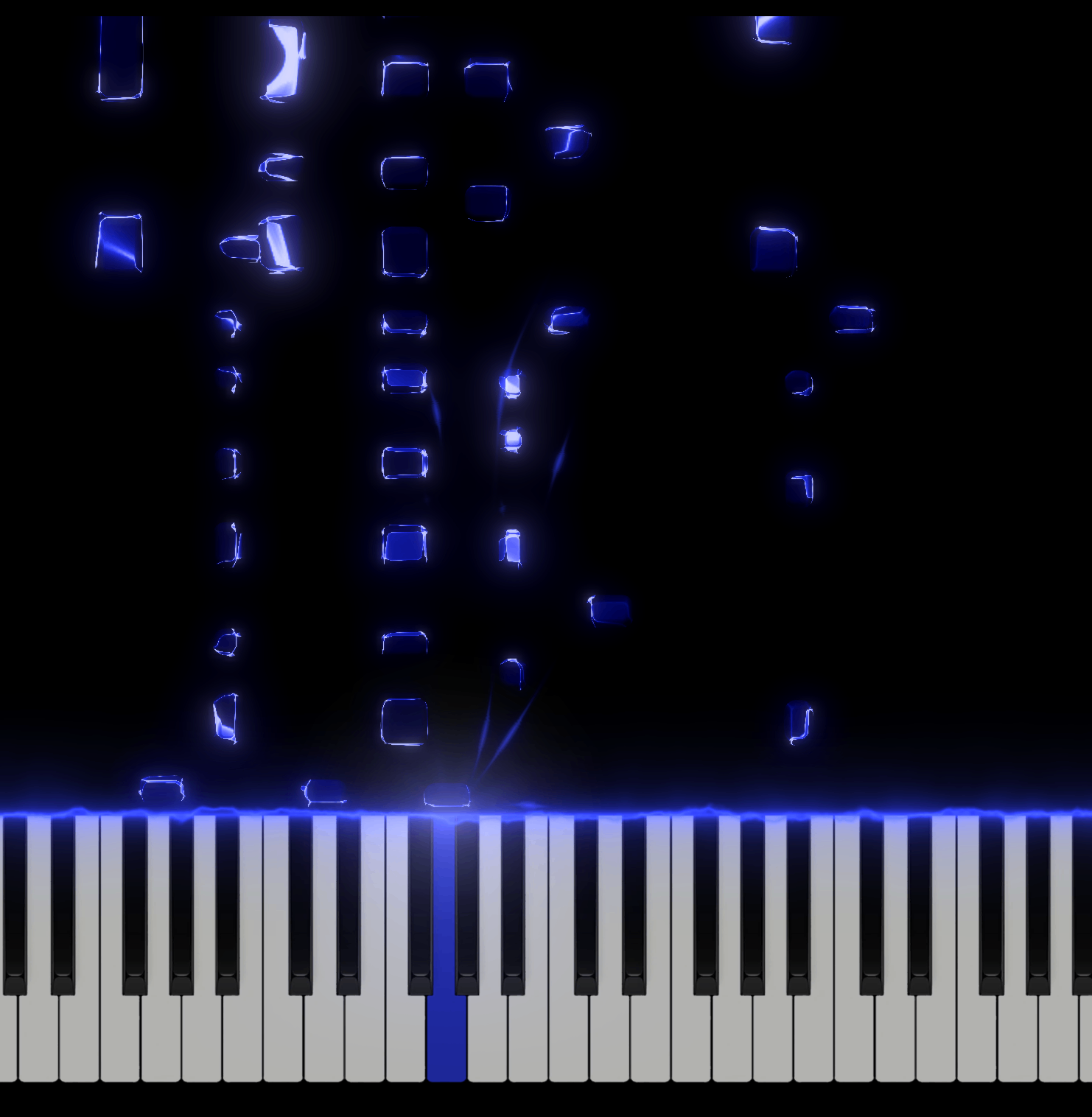 a piano keyboard with blue lights in the background