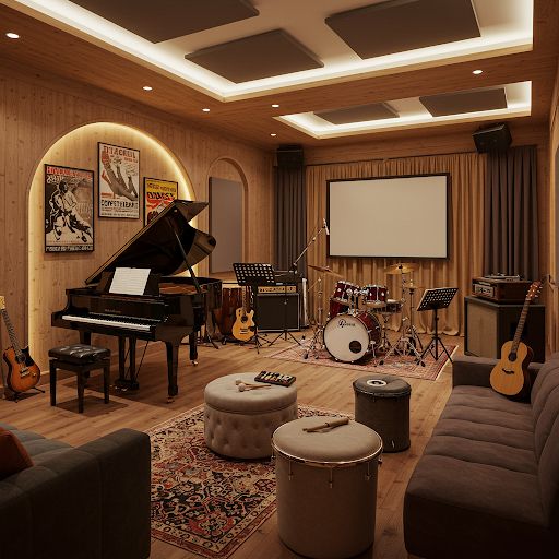 a room with a piano, guitars and other musical instruments