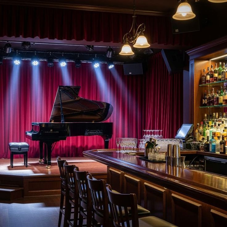 a bar with a piano in the background