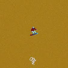 an image of a person riding a snowboard on a yellow background