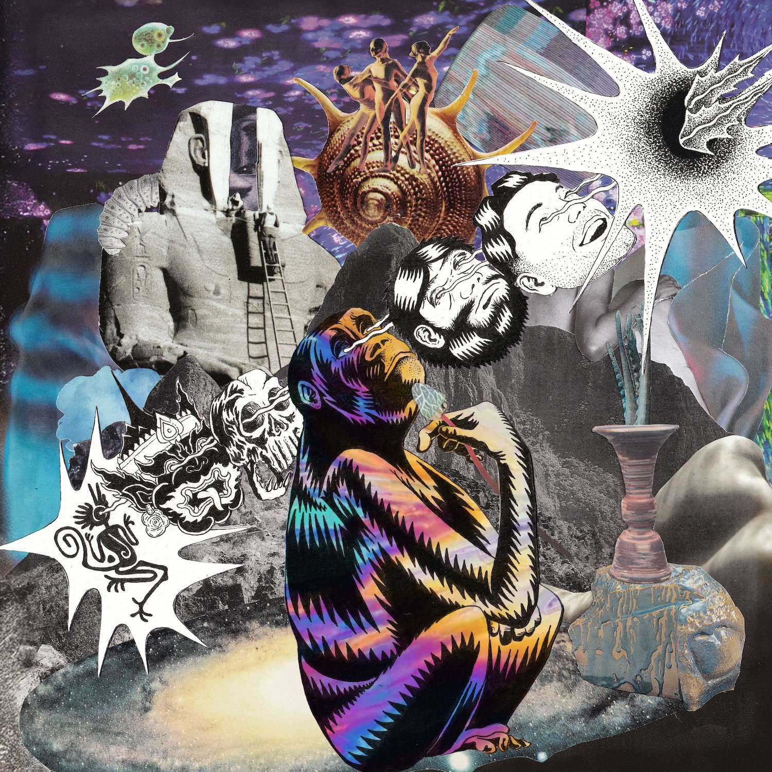 a collage with a woman sitting in front of various objects