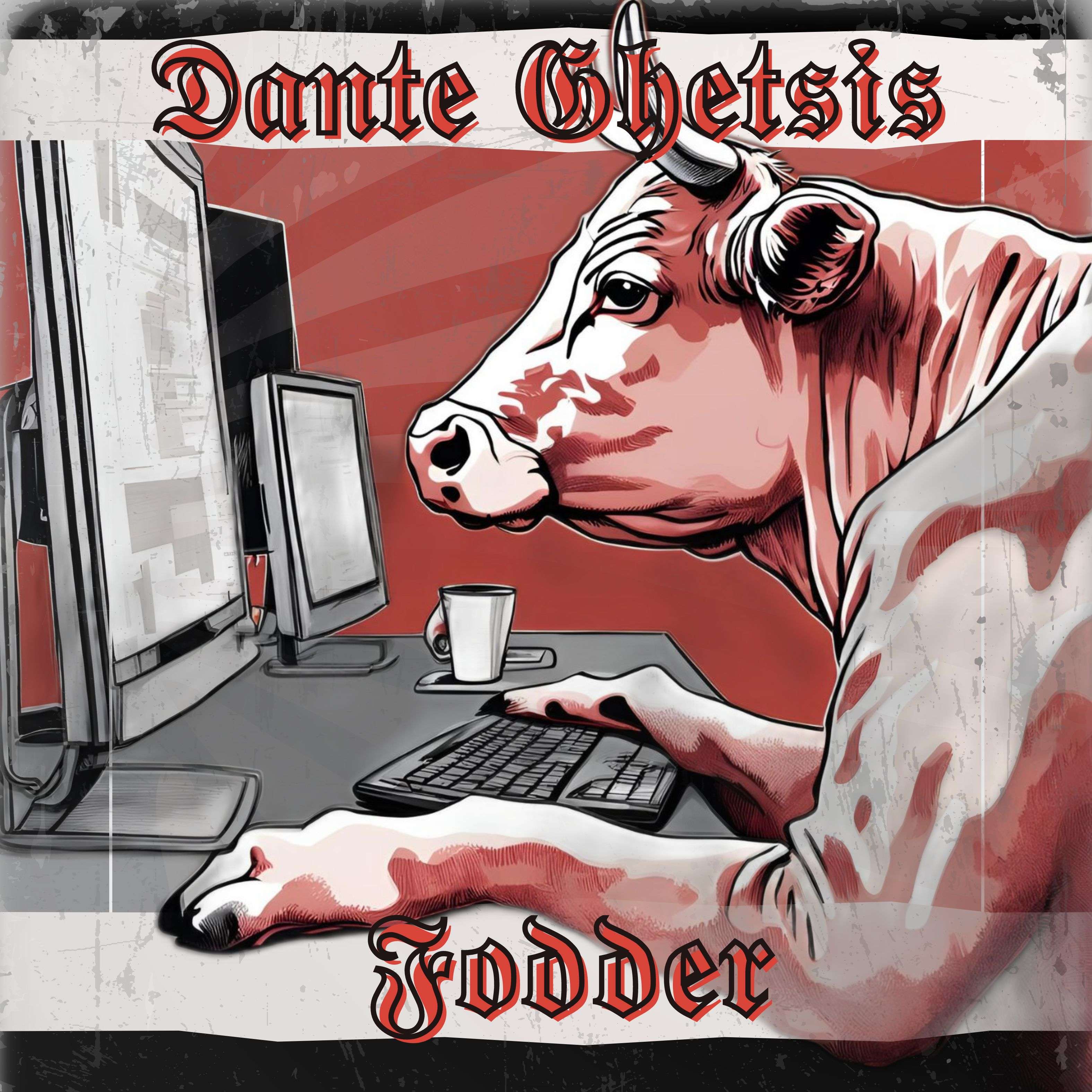 an image of a cow sitting at a computer