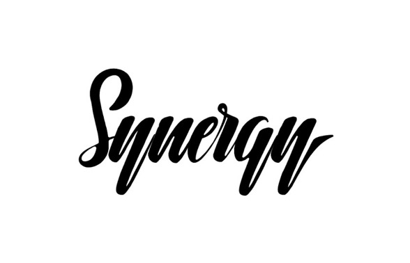 a black and white image of the word synergy