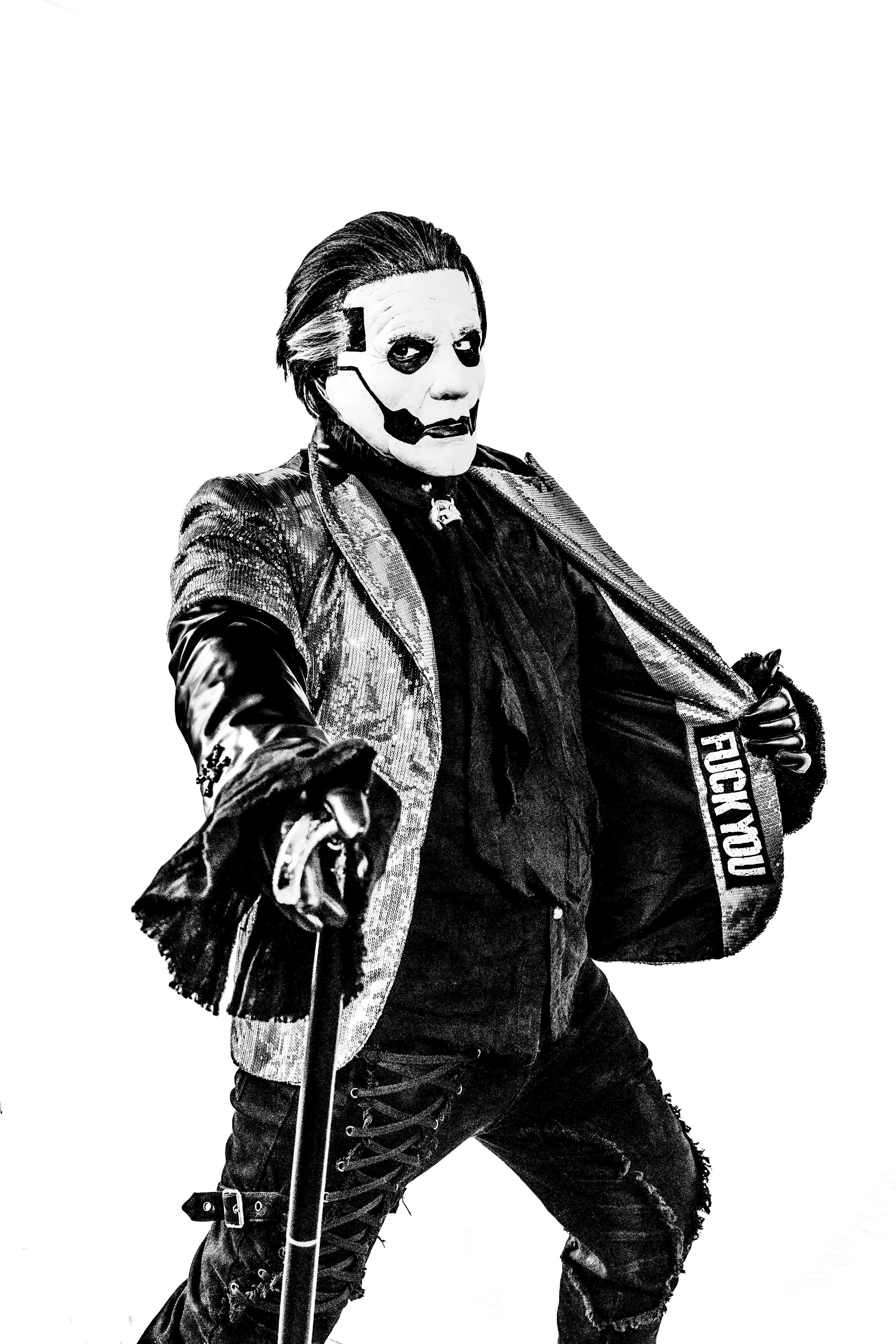a black and white drawing of a man holding a cane