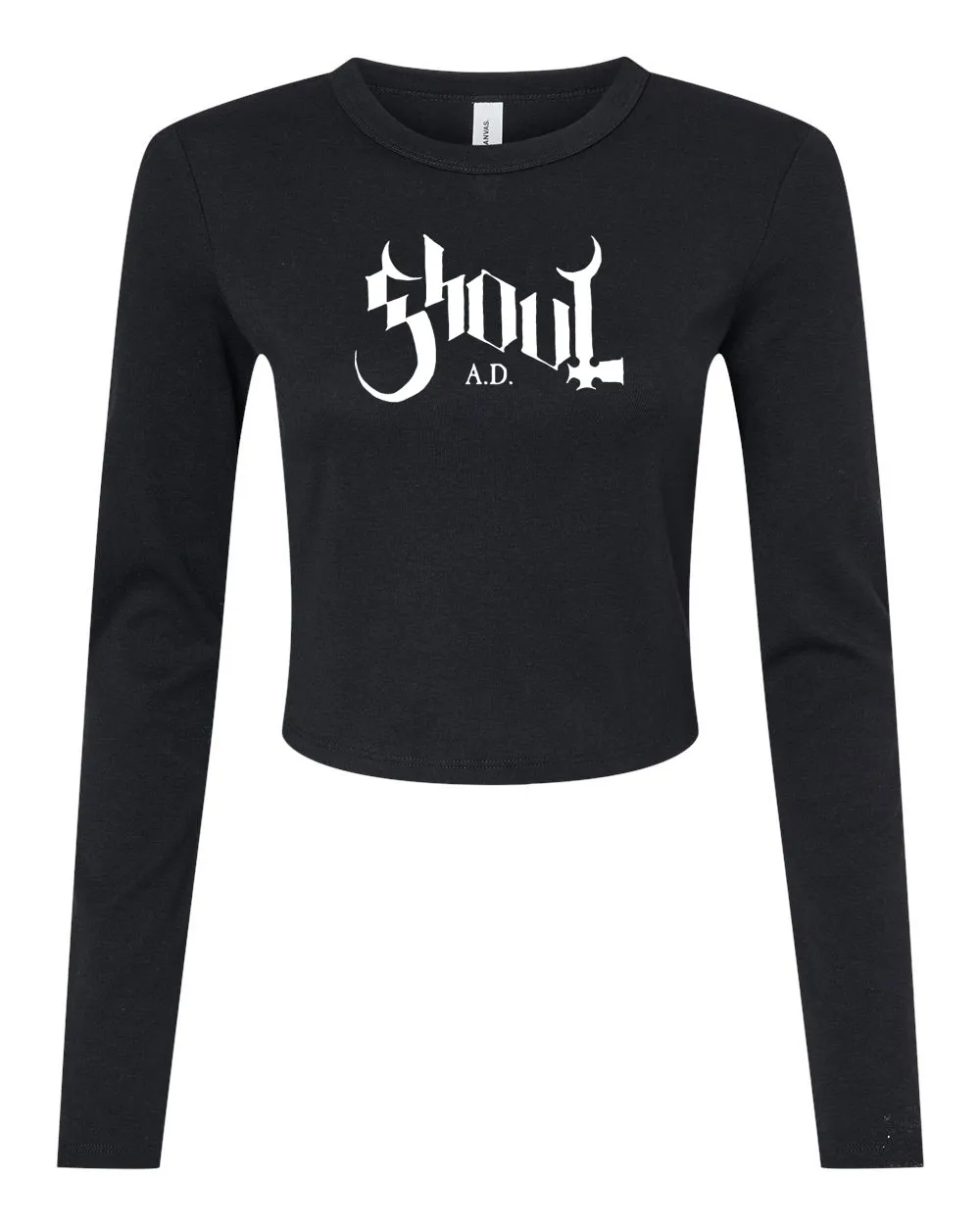 a black long sleeve crop top with the word god on it