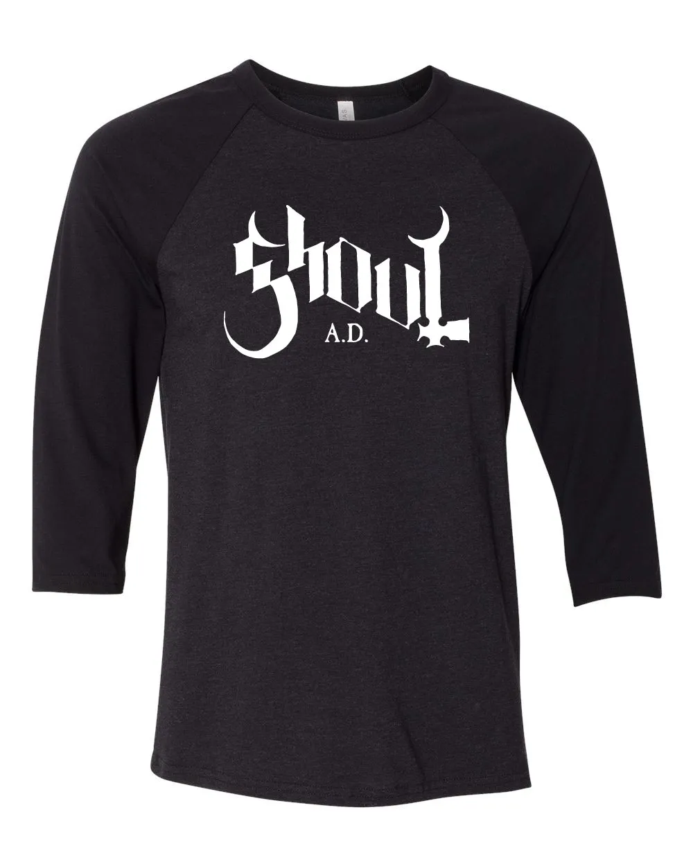 a black raglan t - shirt with the word ghoul ad on it
