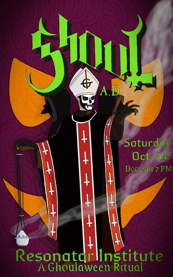 a poster for a halloween party with a skeleton in a robe