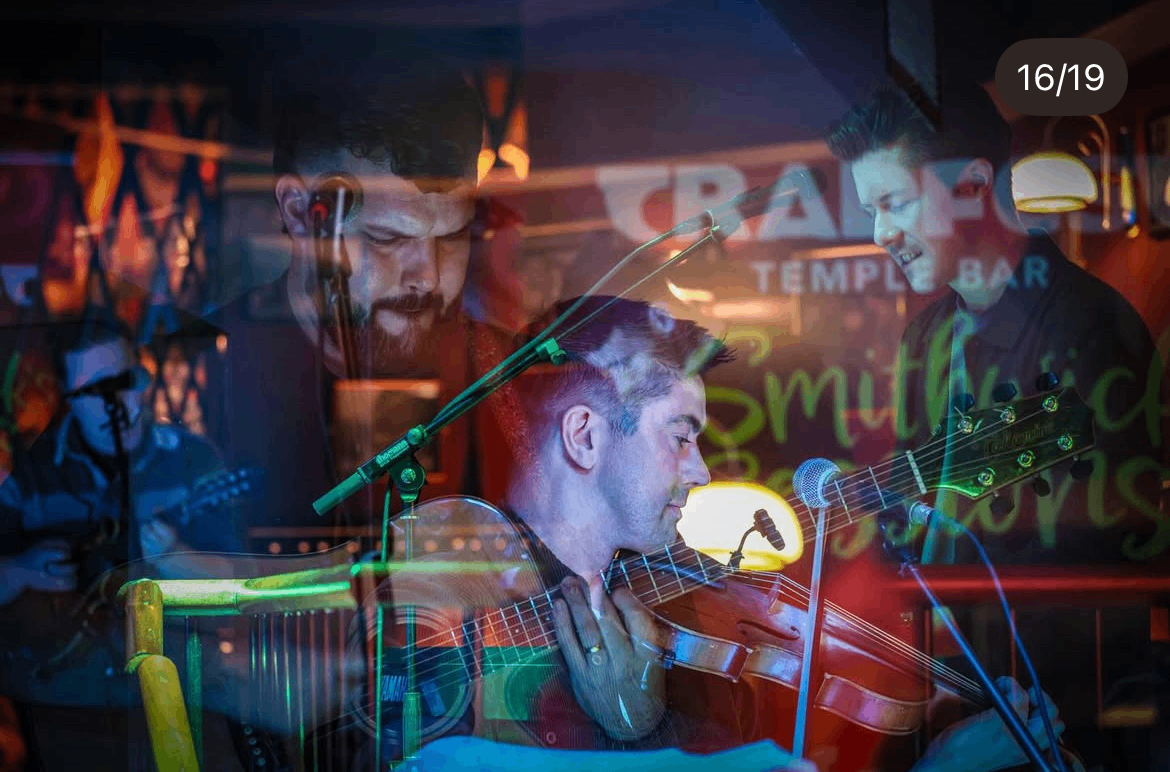 a group of people playing music in a bar