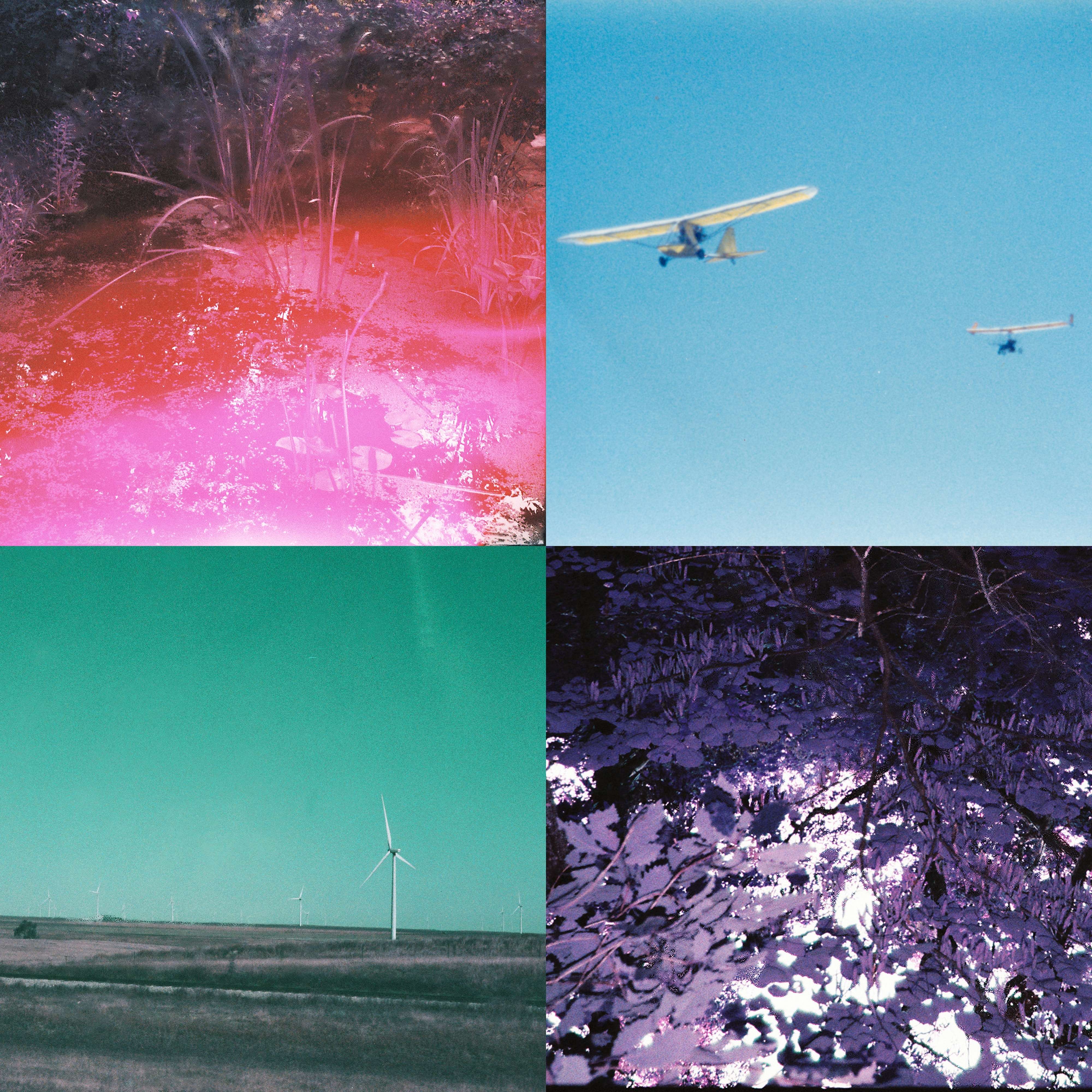 four pictures of a plane flying over a field