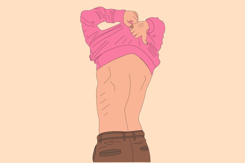 a cartoon illustration of a woman with a pink sweater on her back