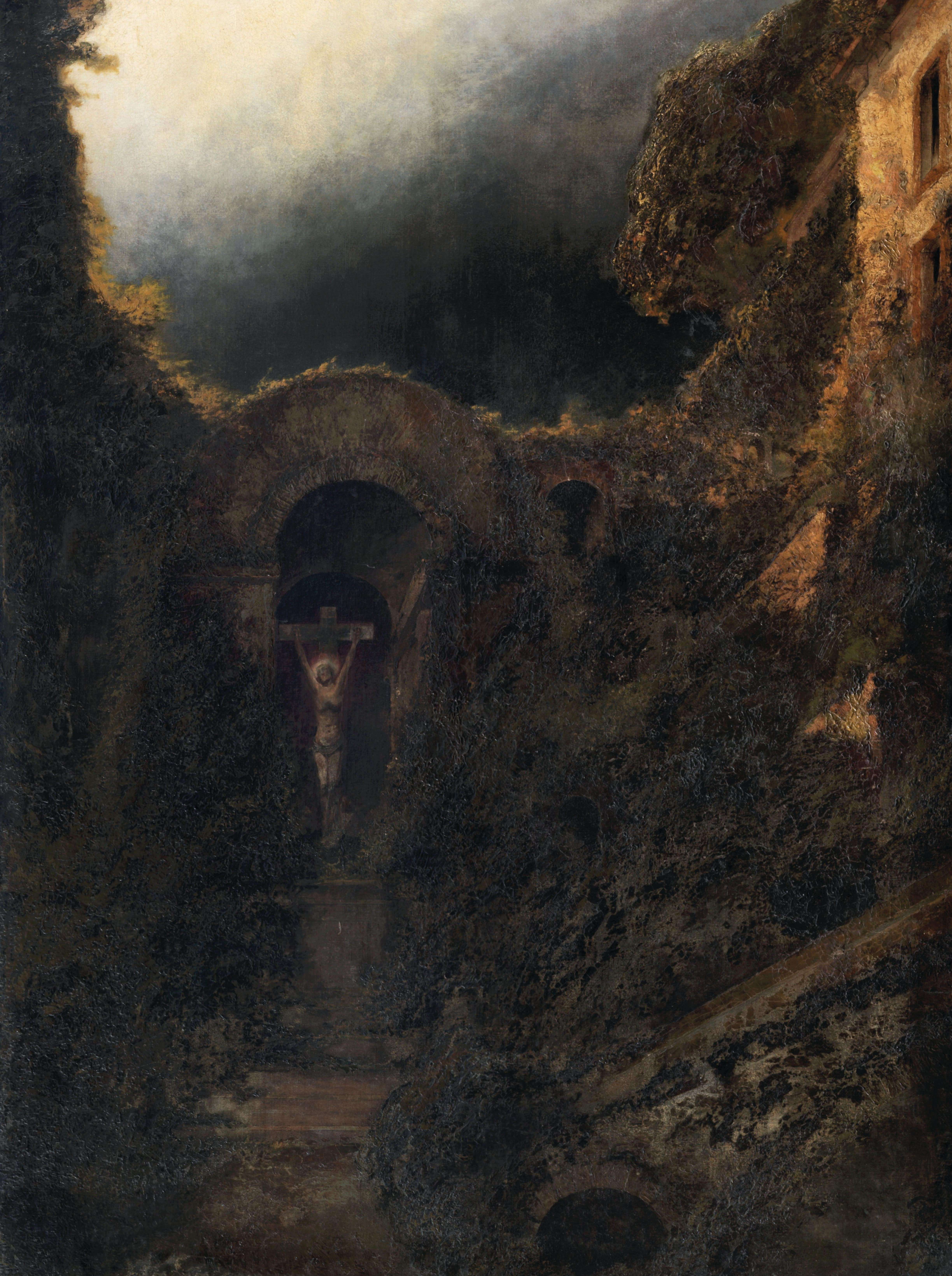 a painting of a dark scene with a cross in the middle