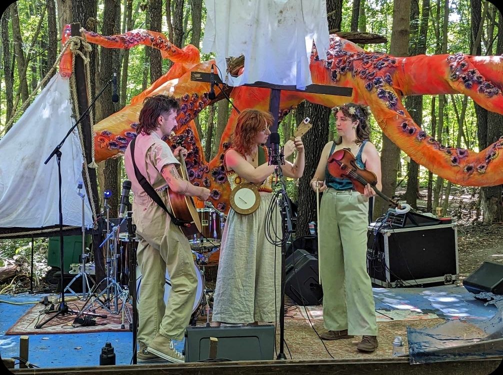 a group of people playing music in the woods