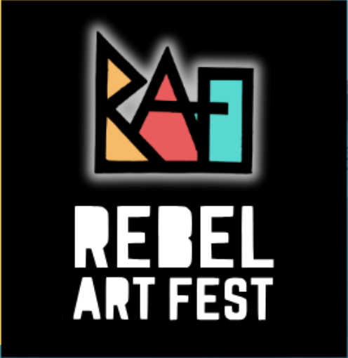 the rebel art fest logo on a black background