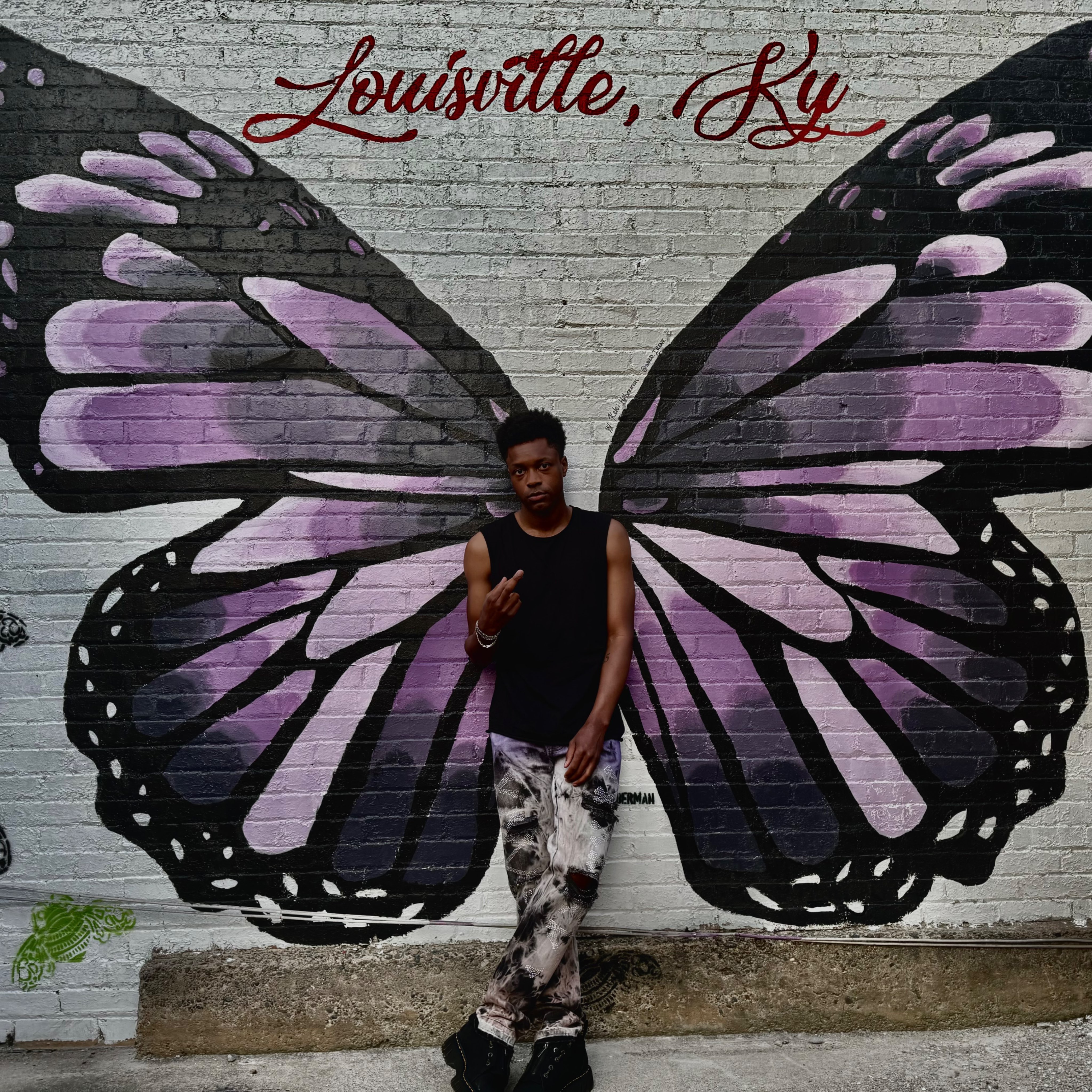 a man standing in front of a butterfly painted on a wall