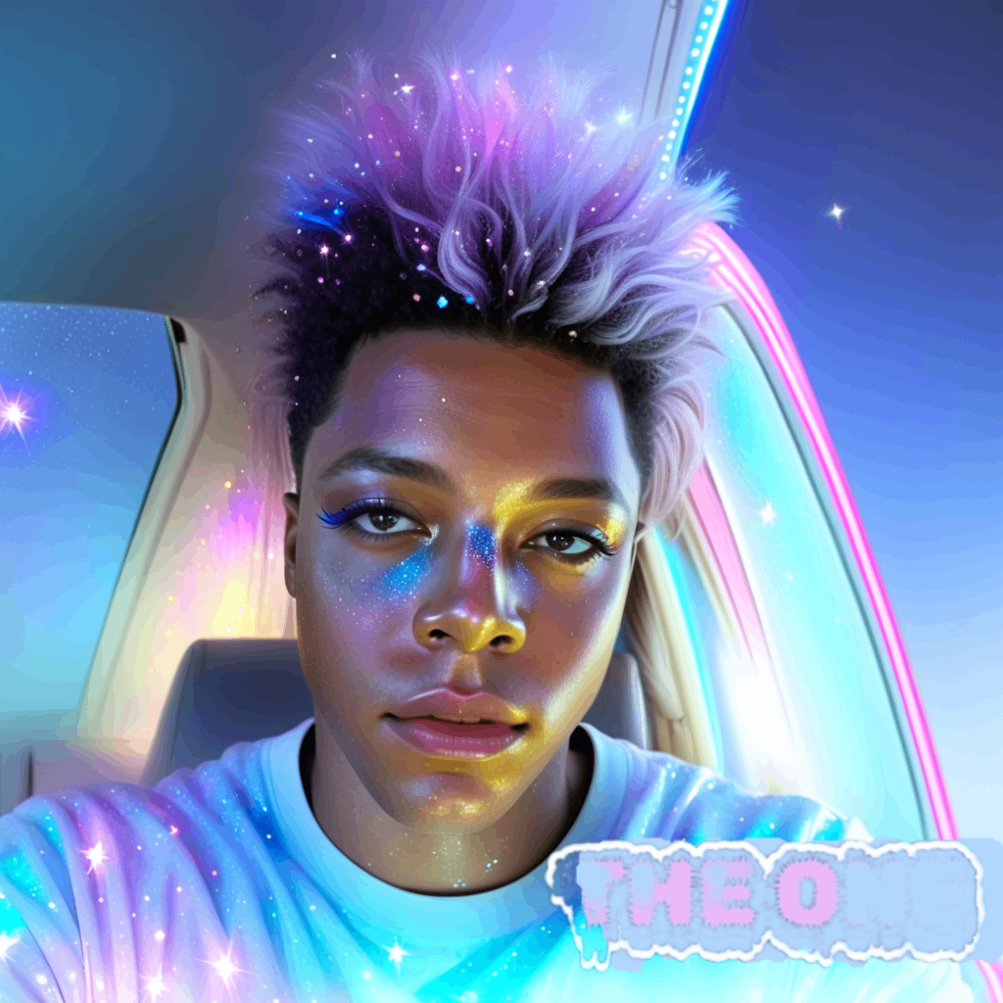 Nathan David - The One: a woman with a rainbow colored hair and makeup in a car