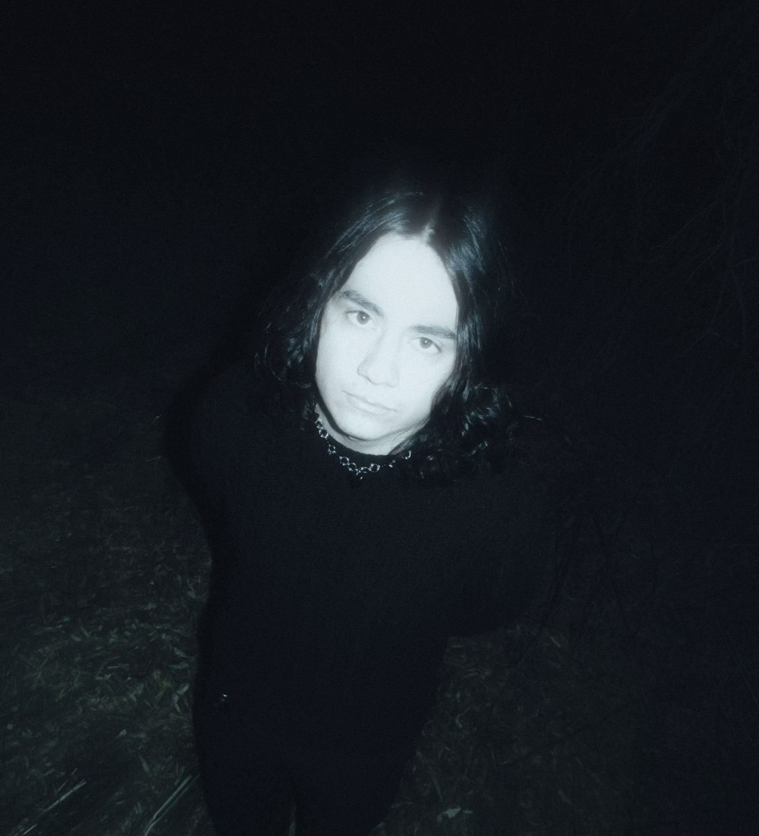 a person standing in a field at night