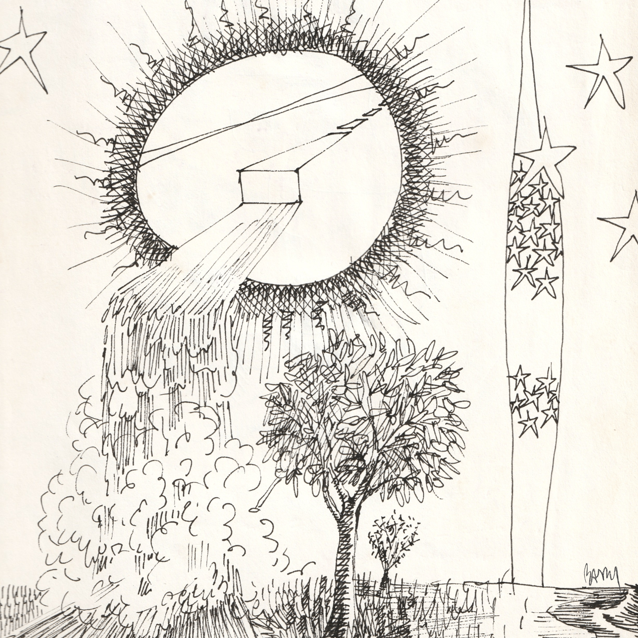 Anthony Boccaleoni - Sketches from a Past Life: a black and white drawing of a tree and a sun