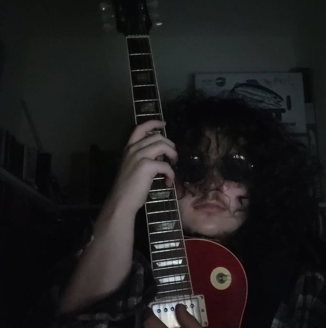a person holding a guitar in a dark room
