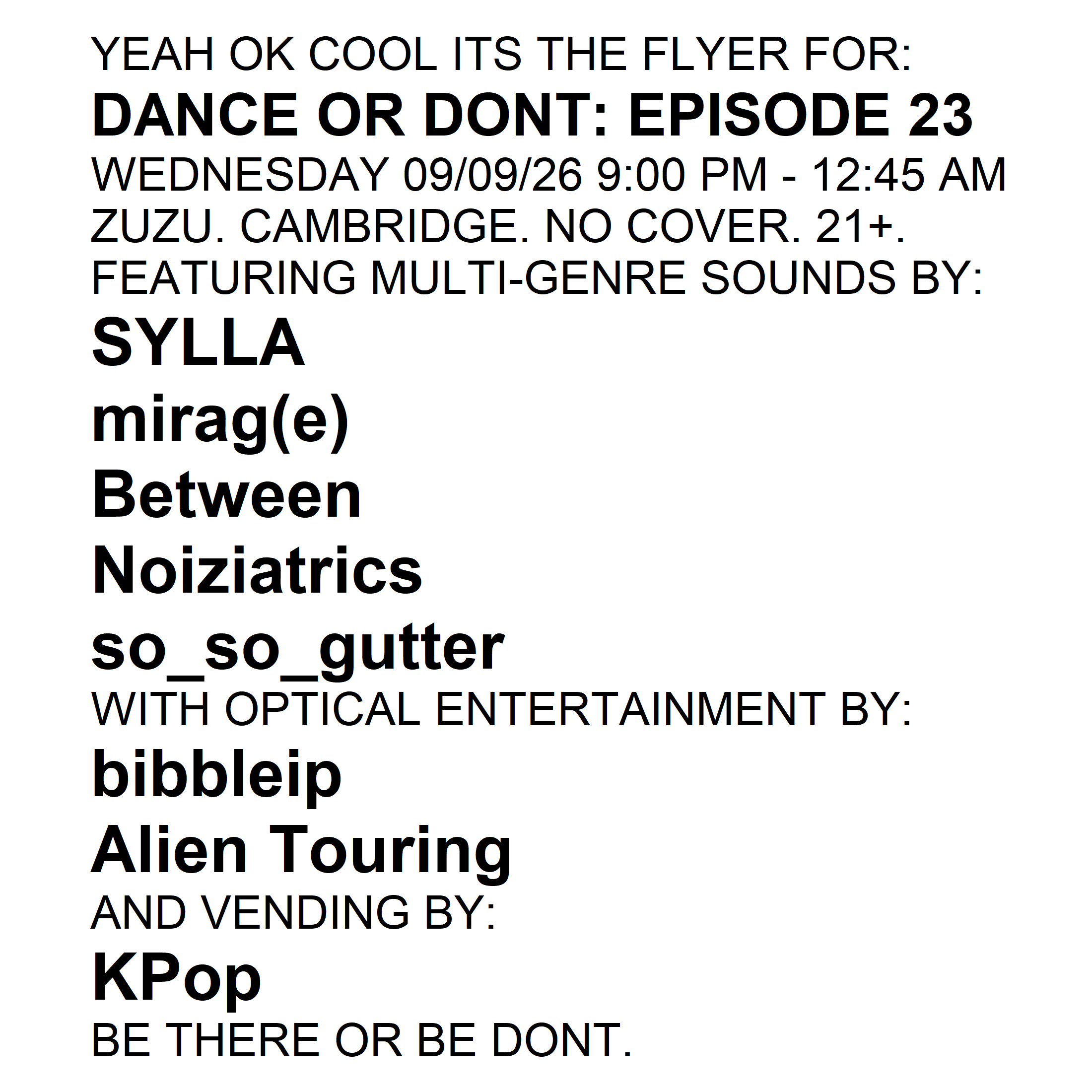 a flyer with the words dance or don't episode 23