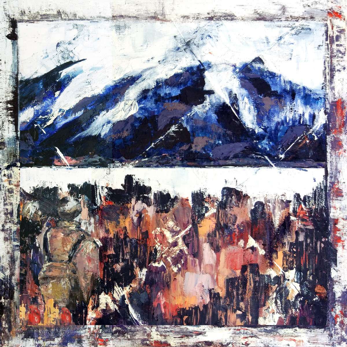 a painting with a mountain in the background