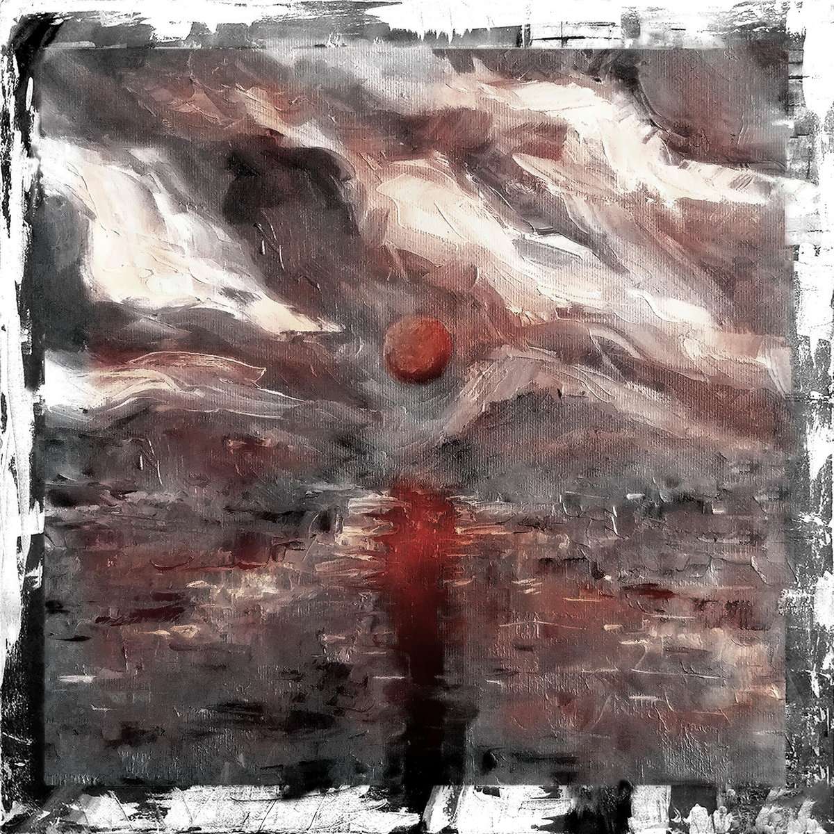 a painting of a red sun in the sky