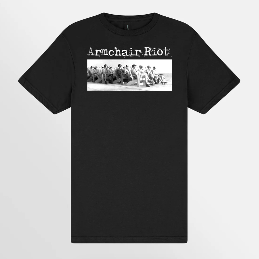 a black t - shirt with an image of a group of people