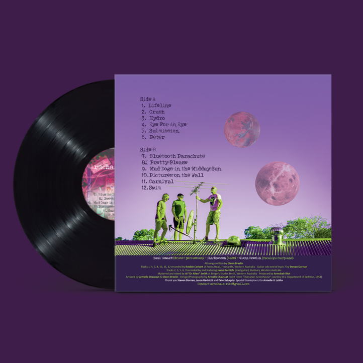 a purple lp with a picture of a man and a planet